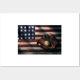 Folk art American flag and baseball mitt Posters and Art